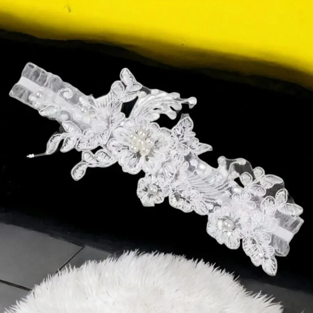 Bridal Wedding Garter White Lace Pearl Floral Toss Garter Stretch One Size Bride